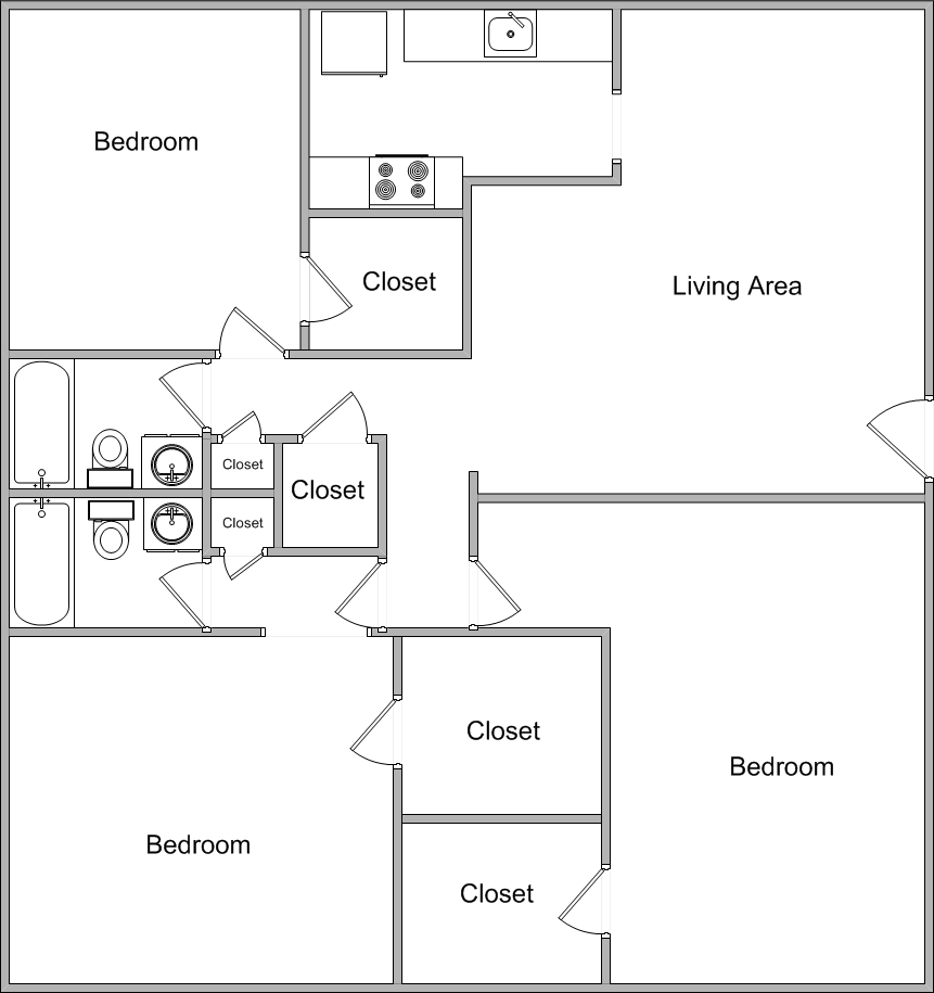 Floor plan for 3 beds, 2 baths, 1330 sqft